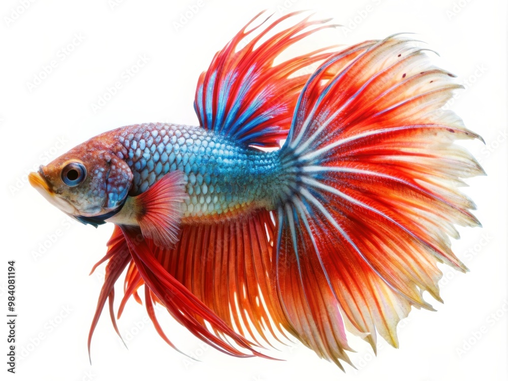 Fototapeta premium Colorful Siamese Fighting Betta Fish with Beautiful Silk Tail Isolated on White Background