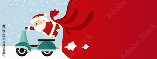 Creative banner with Santa Claus rides moped with sack of gifts. Upcoming Christmas holidays and seasonal sales concept. Winter background for advertisement, greeting banner, special deal.