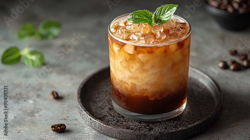 A glass of coffee with a sprig of mint on top