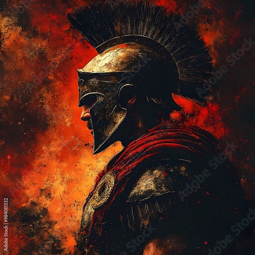 A profile view of a Roman soldier in full battle armor standing before a fiery background.