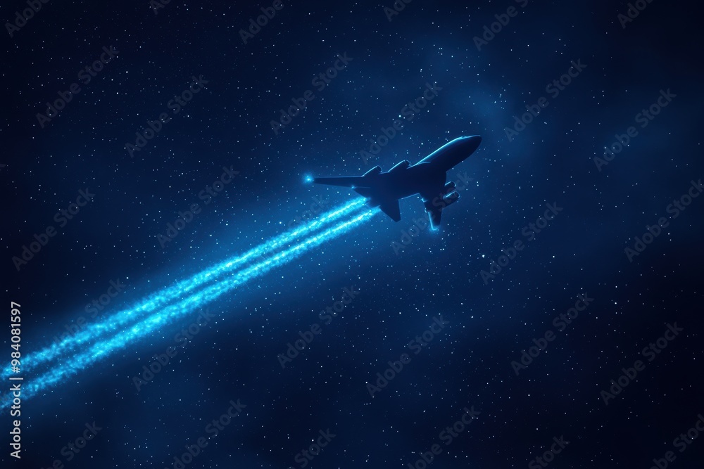 A jet flying high in the night sky, leaving behind a glowing blue contrail, the stars twinkling A jet flying high in the night sky, leaving behind a glowing blue contrail, the stars twinkling