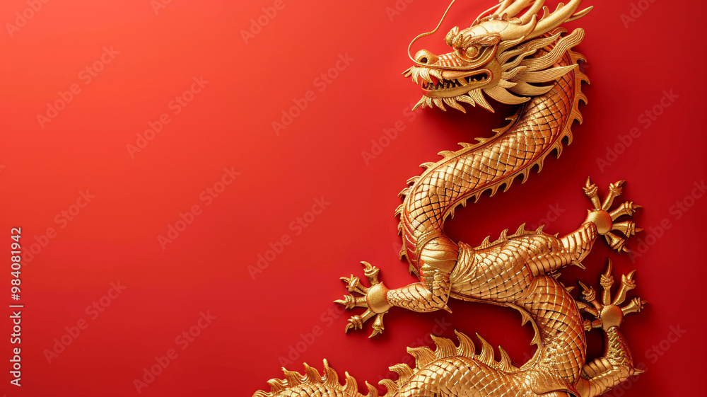 Golden Chinese dragon on vibrant red background symbolizing power and prosperity Golden Chinese dragon on vibrant red background symbolizing power and prosperity
