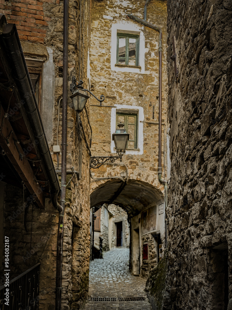 Fototapeta premium Narrow Cobblestone Alleyway in an Italian Village with Stone Buildings, Flower Pots, and Rustic Signs: A Serene Pathway Surrounded by Greenery and Historic Architecture.