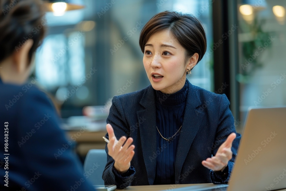 Fototapeta premium A woman in her thirties with short hair and light makeup sits at a desk and smiles while talking to an office worker during a meeting.generated ai