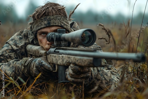 A soldier in camouflage practices marksmanship in a foggy field