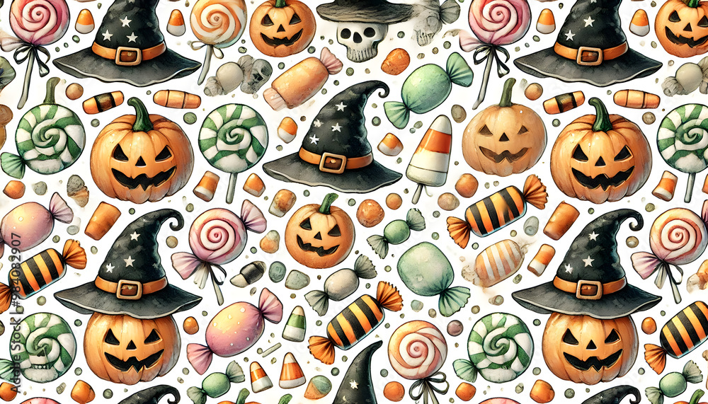 Fototapeta premium 水彩風ハロウィンキャンディパターンイラスト