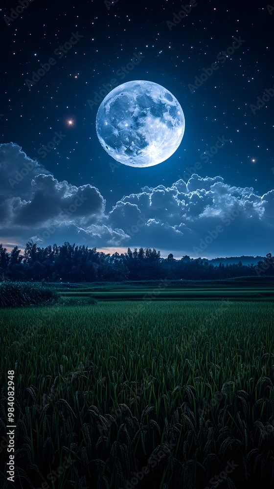 A full moon hangs over a field of grass, its light illuminating the clouds and casting long shadows on the ground. A full moon hangs over a field of grass, its light illuminating the clouds and casting long shadows on the ground.