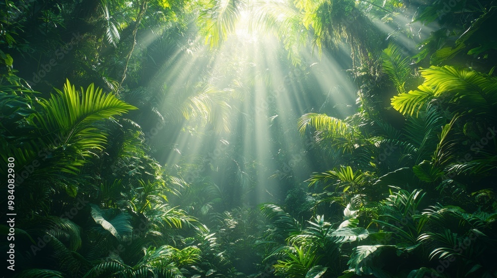 Fototapeta premium Lush Jungle with Sunlight Streaming Through Canopy