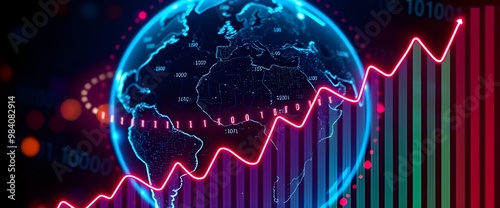 A glowing earth hologram in the background with binary code circling around it, overlaid with an economic growth graph in the foreground.