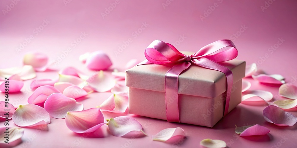 Asymmetrical pink gift box with rose petals Asymmetrical pink gift box with rose petals