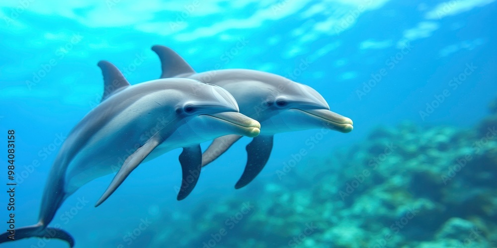 Fototapeta premium pair of dolphin on blue ocean