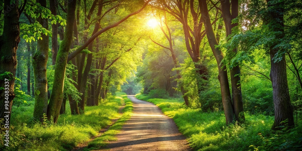 Fototapeta premium Asymmetrical peaceful forest walkway with sunlight filtering through green trees