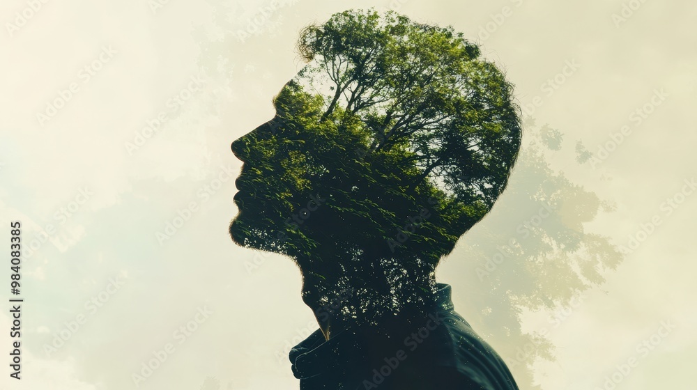 Enigmatic Double Exposure: Man Silhouette Fused with Lush Green Forest on Dark Background Enigmatic Double Exposure: Man Silhouette Fused with Lush Green Forest on Dark Background