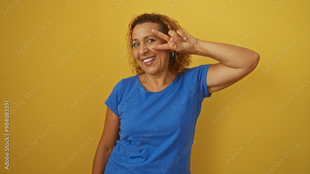 An elderly hispanic woman with curly hair makes a peace sign while smiling, standing against a yellow wall in a blue shirt. An elderly hispanic woman with curly hair makes a peace sign while smiling, standing against a yellow wall in a blue shirt.