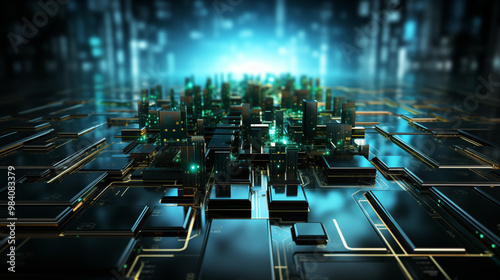 Futuristic background with glowing blue and green digital lines, circuit patterns, and abstract shapes, creating a high-tech feel, suitable for technology or innovation presentations 