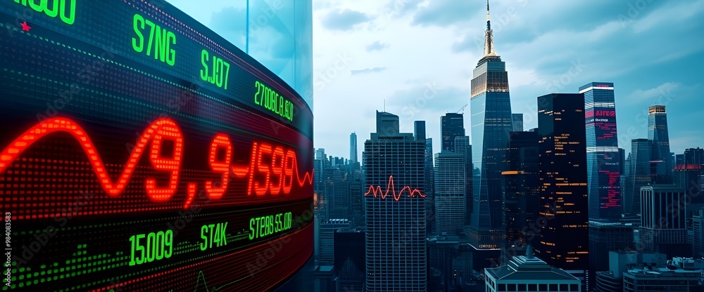 A vibrant image of a digital stock market ticker running across the frame, displaying rising and falling stock values in bright green and red colors. In the background.