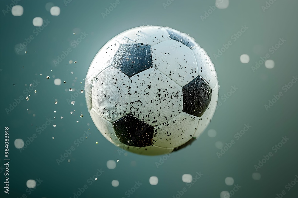 Naklejka premium Soccer ball splashing through water droplets in action shot