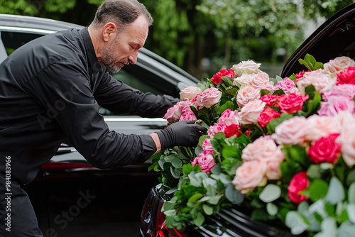 a hearse driver adjusting flowers on the vehicle, preparing for the procession