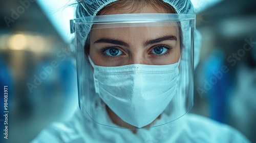 A focused healthcare worker in protective gear, highlighting dedication and safety in a clinical environment.