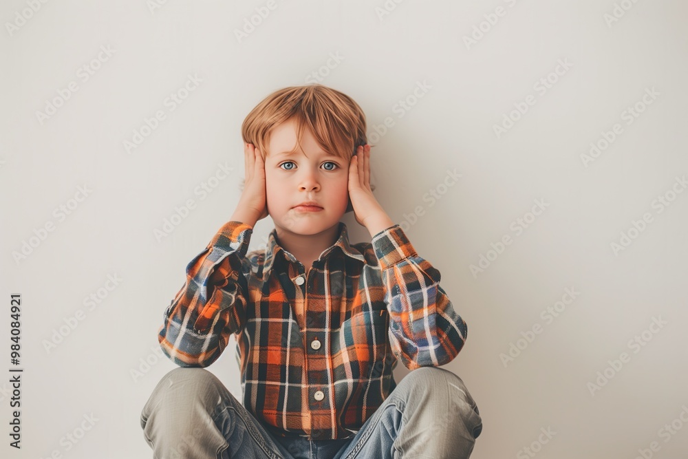 an autistic child cries and covers his ears, sits near the white wall an autistic child cries and covers his ears, sits near the white wall