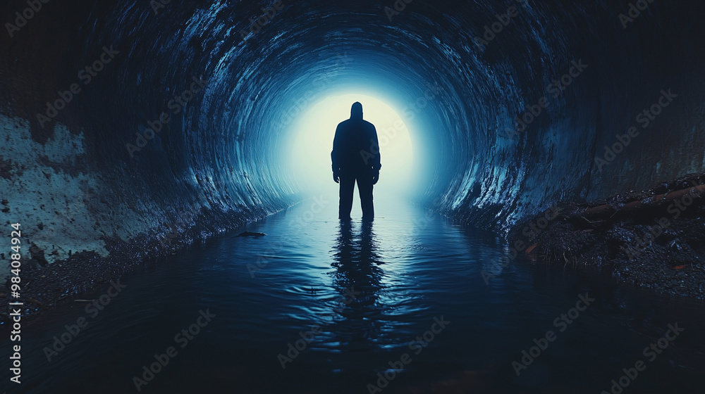 Silhouette of a Man in a Dark Tunnel, Mysterious and Eerie Silhouette of a Man in a Dark Tunnel, Mysterious and Eerie