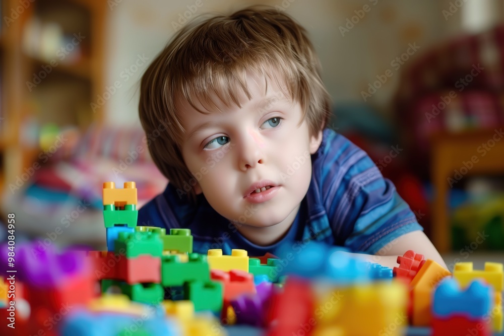 Portrait of a child with autism playing with colorful building blocks, deeply focused and happy Portrait of a child with autism playing with colorful building blocks, deeply focused and happy