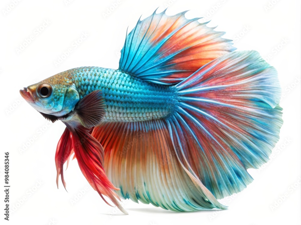 Fototapeta premium Colorful Siamese Fighting Betta Fish with Beautiful Silk Tail Isolated on White Background