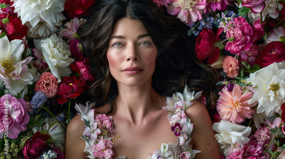 A beautiful woman in a chic dress surrounded by flowers. Beauty and fashion concept.