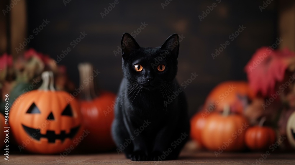 Black Cat Posing with Pumpkins for Halloween Black Cat Posing with Pumpkins for Halloween