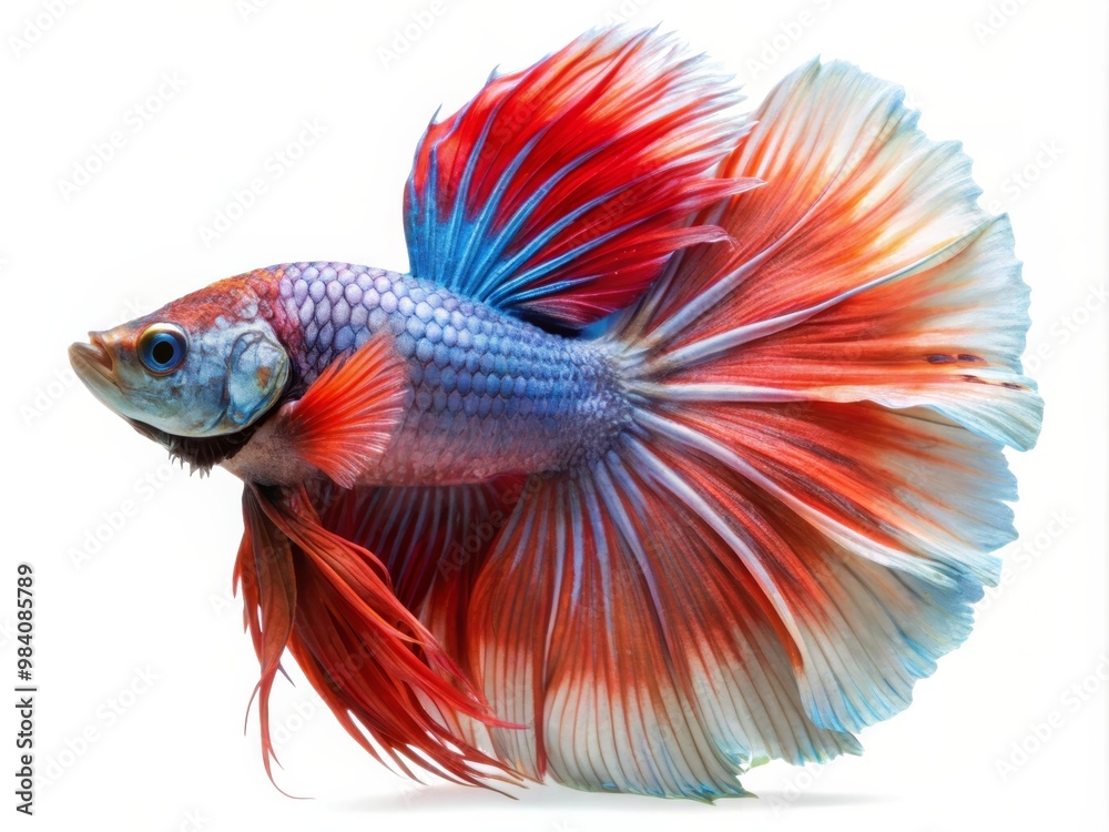 Fototapeta premium Colorful Siamese Fighting Betta Fish with Beautiful Silk Tail Isolated on White Background