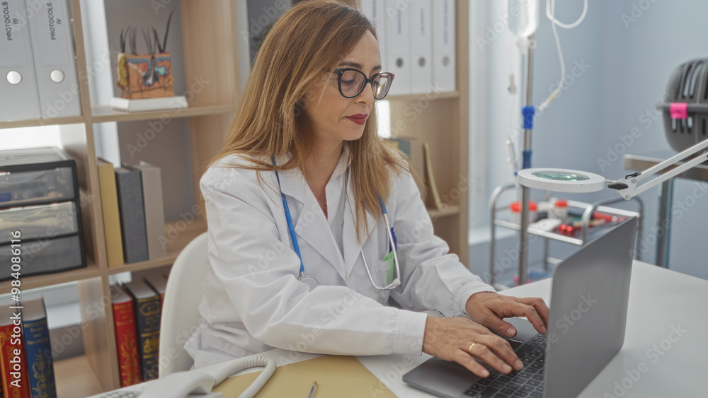 Middle-aged female vet working on a laptop in a clinic, wearing glasses and a white coat with medical equipment and books surrounding her Middle-aged female vet working on a laptop in a clinic, wearing glasses and a white coat with medical equipment and books surrounding her