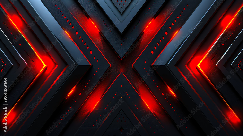 Black-red background with bright neon arrows with geometric shapes. Abstract background with snowstorm texture. Copy space. Black-red background with bright neon arrows with geometric shapes. Abstract background with snowstorm texture. Copy space.