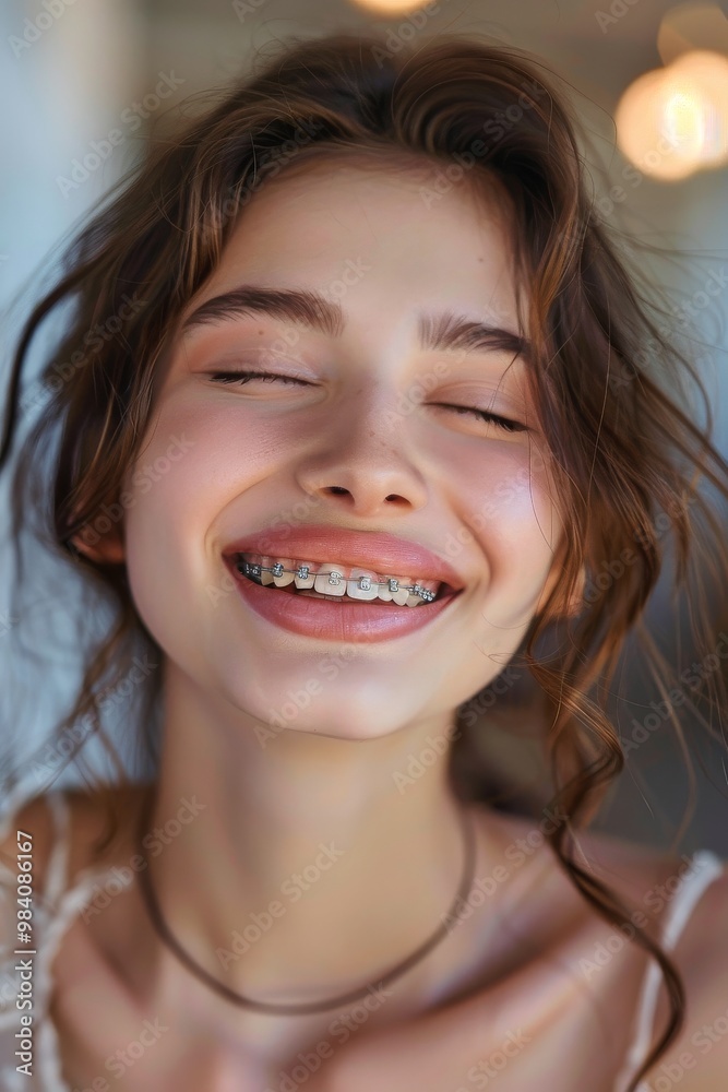 Joyful young woman smiling brightly with braces, captured in a cozy indoor setting during a sunny afternoon Joyful young woman smiling brightly with braces, captured in a cozy indoor setting during a sunny afternoon