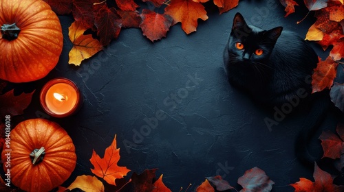 Black Cat with Pumpkins and Autumn Leaves for Halloween