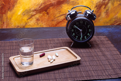 Pills on wooden tray with glass of water and vintage alarm clock photo