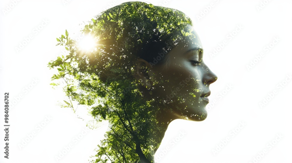 Harmony of Nature and Technology - Double Exposure of Human and Eco-friendly 3D Illustration on Clear Background Harmony of Nature and Technology - Double Exposure of Human and Eco-friendly 3D Illustration on Clear Background