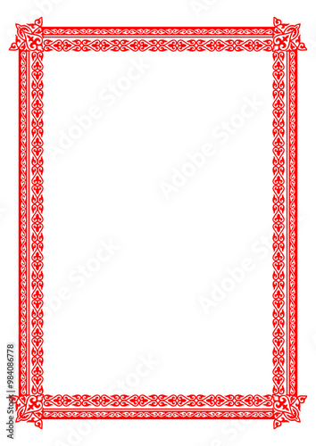 Monochrome red rectangular Vertical Islamic Asian national ornament frame. A4 format. Islamic Asian pattern frame, border, ornament of Kazakh, Kyrgyz, Mongol, Uzbek, Tajik. Diplom, certificate 