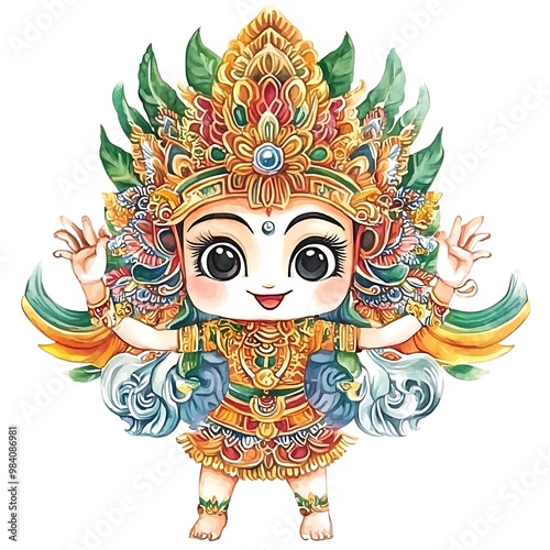 Watercolor Illustration of a Traditional Balinese Deity with Intricate Details.