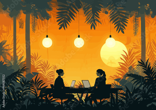 Business Team Working in Jungle-Themed Office at Sunset, Minimalistic Vector Art Illustration, Collaborative Work, Modern Office Space, Tropical Environment, Warm Ambient Lighting, Creative Workspace