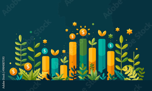 Business growth strategy minimalistic vector illustration with bar graphs and foliage representing financial success teamwork and progress