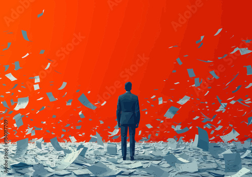 Business Manager Facing Endless Paperwork Pile Against Red Background Symbolizing Overwhelming Workload and Stress, Vector Illustration