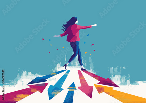 Female Business Leader Pointing Forward Standing on Arrows, Minimalistic Illustration Representing Direction and Progress in Business