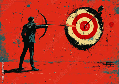 Businessman Aiming Archery Target in Red Graphic Illustration of Focused Strategic Goal Achievement and Precision in Business Success Concept Vector Drawing