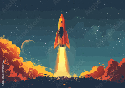 Startup Business Concept Illustration with Rocket Launching at Night in Space, Symbolizing Innovation, Growth, and Success, Minimalistic Vector Design for Entrepreneurs and New Ventures