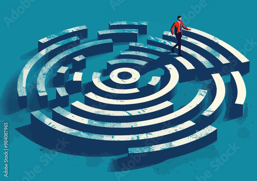Manager navigating circular labyrinth towards goal, business strategy concept, determined professional in maze, minimalistic vector illustration