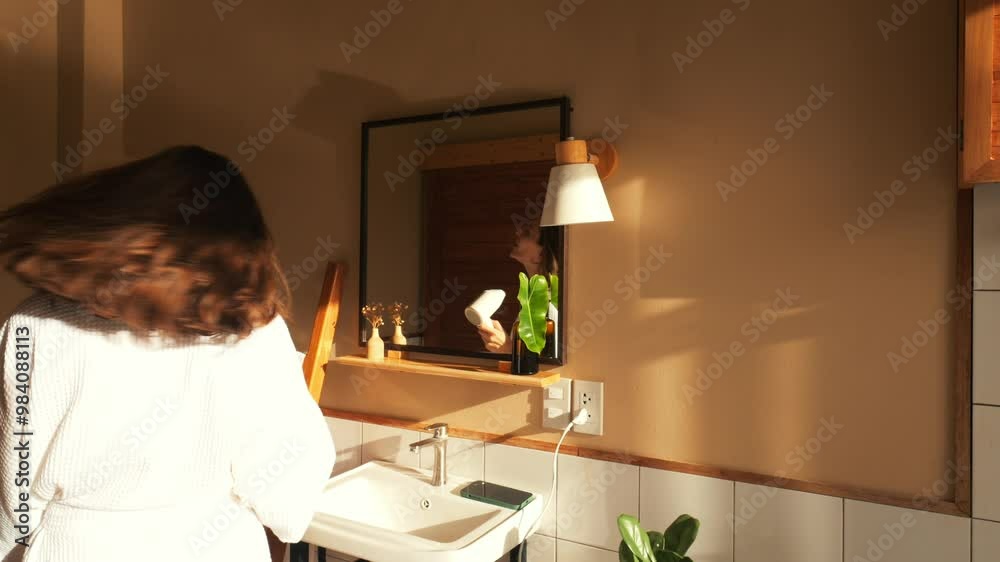 Morning Sunshine Dance: Girl Singing and Dancing with a Hairdryer in the Bathroom, Embracing the Daylight and Joyfully Starting Her Day with Music and Fun Morning Sunshine Dance: Girl Singing and Dancing with a Hairdryer in the Bathroom, Embracing the Daylight and Joyfully Starting Her Day with Music and Fun