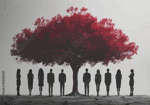 Business Recruitment Process Illustration with Group of Professionals Standing Under Red Tree Symbolizing Growth and Opportunity