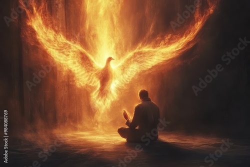 A man kneeling in deep prayer, with a flaming dove of light descending upon him from above photo