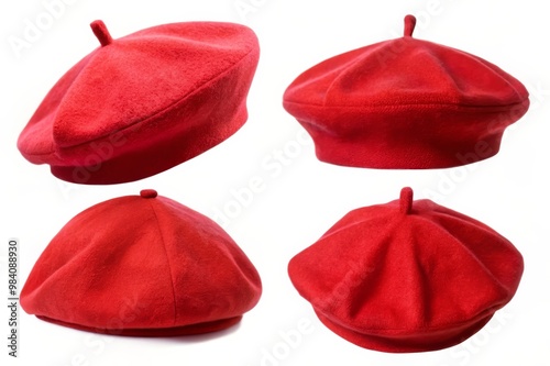 Red Beret Hat Isolated on White Background, Fashion Accessory Headwear Render from Different Angles
