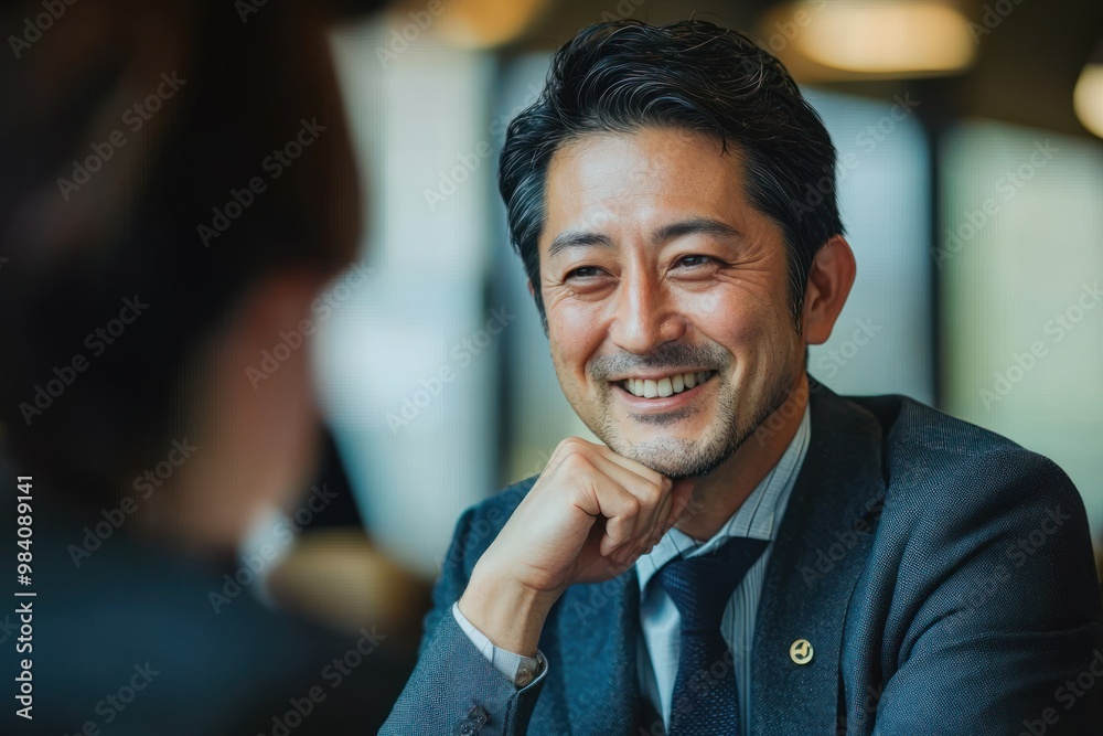 Naklejka premium A handsome Japanese businessman in his late thirties, wearing business attire, is sitting at the table with an employee. He is looking to one side and smiling while listening attentively during their 